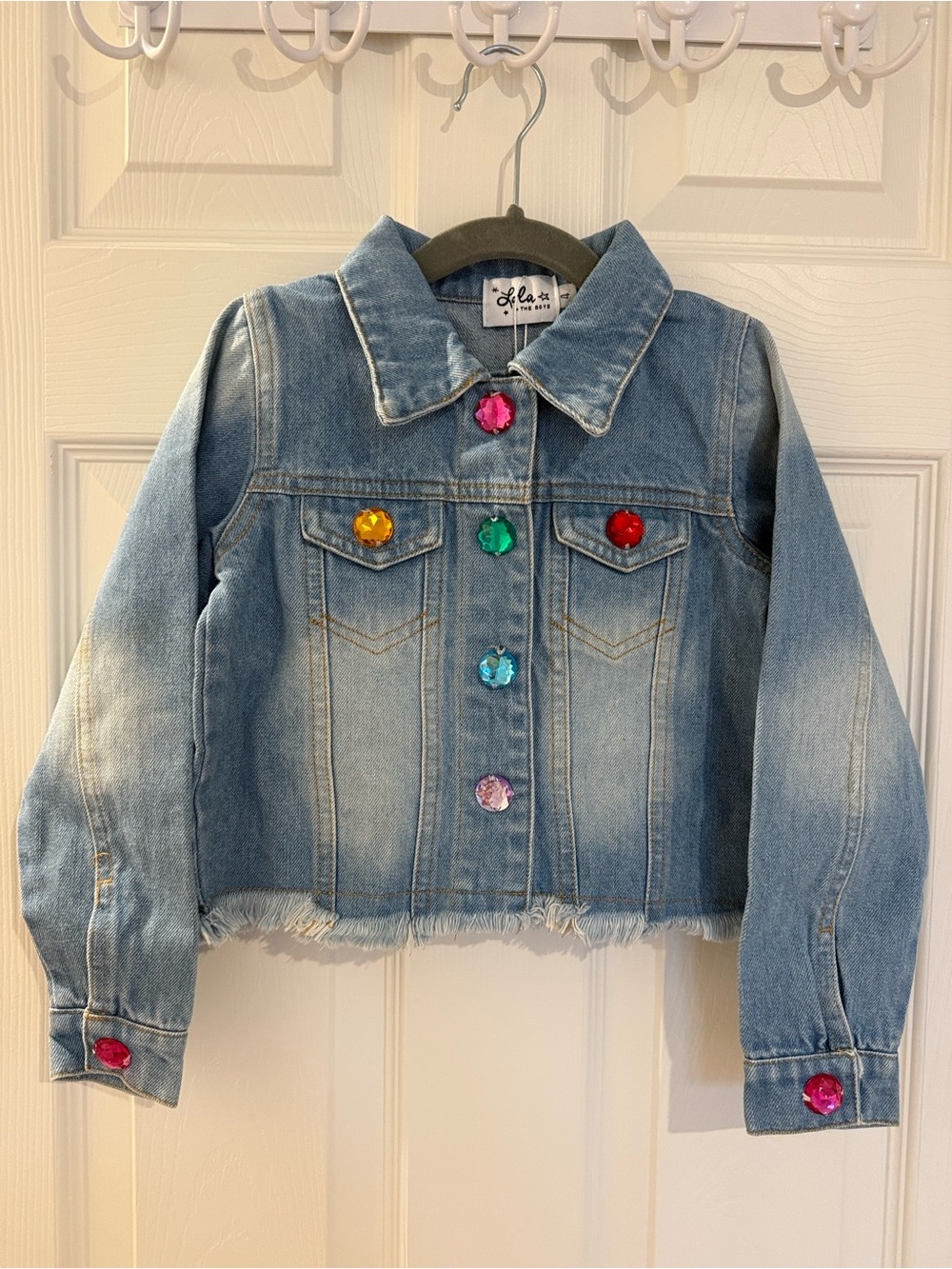Lola & The Boys NWT Kids Denim Jacket with Multicolor Gem Buttons & Evil Eye